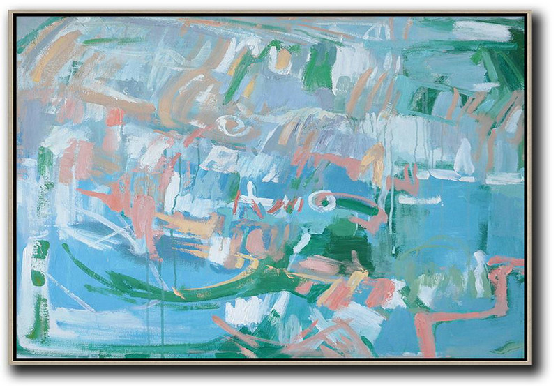 Oversized Canvas Art On Canvas,Hand Painted Horizontal Abstract Oil Painting On Canvas,Oversized Art Blue,Green,Pink